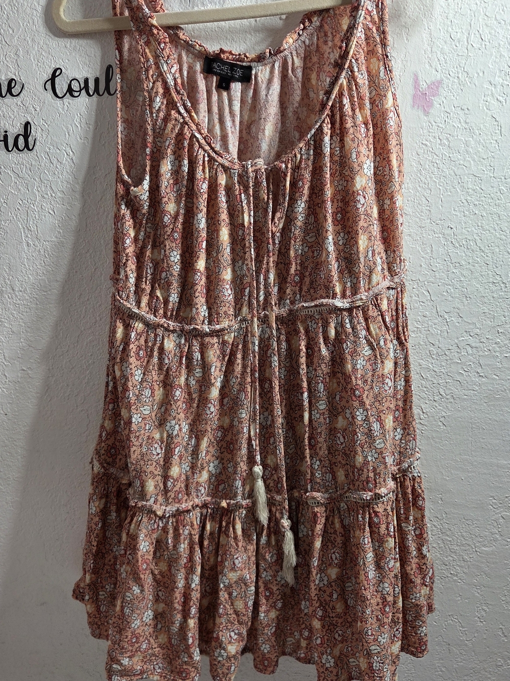 Rachel Zoe Peach Floral Boho Sleeveless Tiered Tunic Top with Tassels Size S